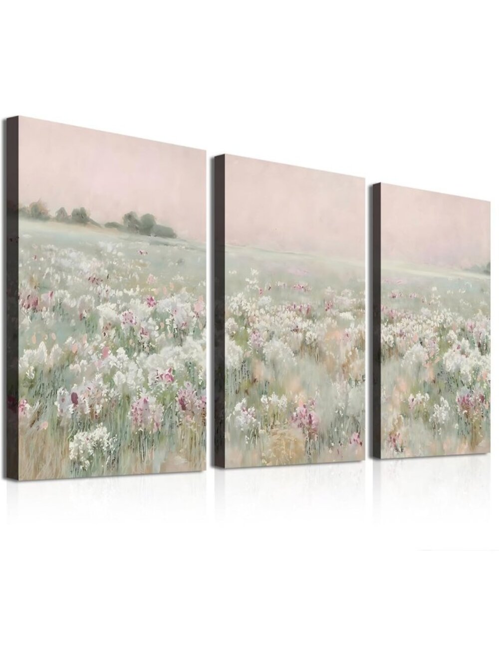 3 Piece Soft Floral Canvas Art Set - Blush Pink & Sage Green Wall Decor for